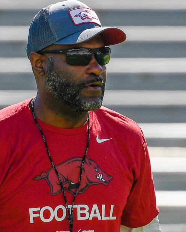 Arkansas Razorbacks co-defensive coordinator Travis Williams at practice Saturday for spring practice No. 11 inside Razorback Stadium in Fayetteville, Ark.